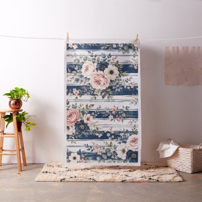 Watercolor Navy Floral Stripe Pattern Design Fabric (In Situ)