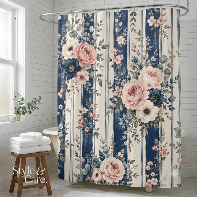 Watercolor Navy Floral Stripe Pattern Design Shower Curtain (Watercolor Navy Floral Stripe Pattern Design Shower Curtain)