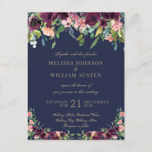 Watercolor Navy Floral Wedding Invitation Postcard