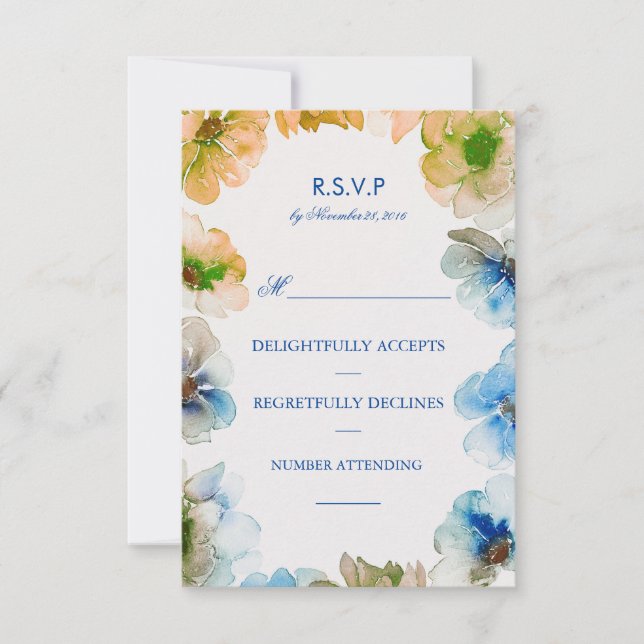 Watercolor Navy Floral Wreath Fall Wedding Rsvp Card (Front)