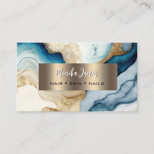 Watercolor Navy Gold Agate Gold Brushed Metal  Business Card (Front)