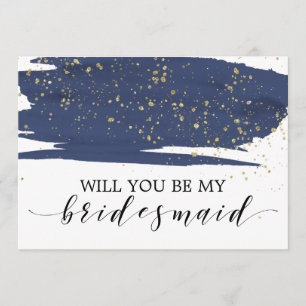 Watercolor Navy & Gold Will You Be My Bridesmaid Invitation