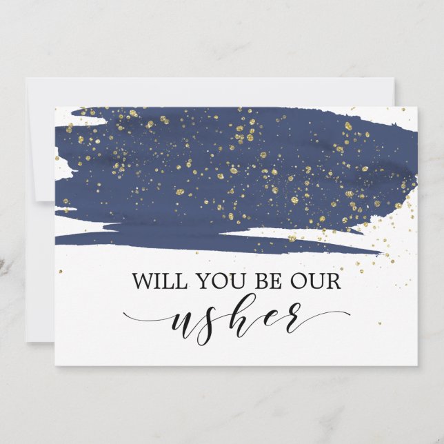 Watercolor Navy & Gold Will You Be Our Usher Invitation (Front)