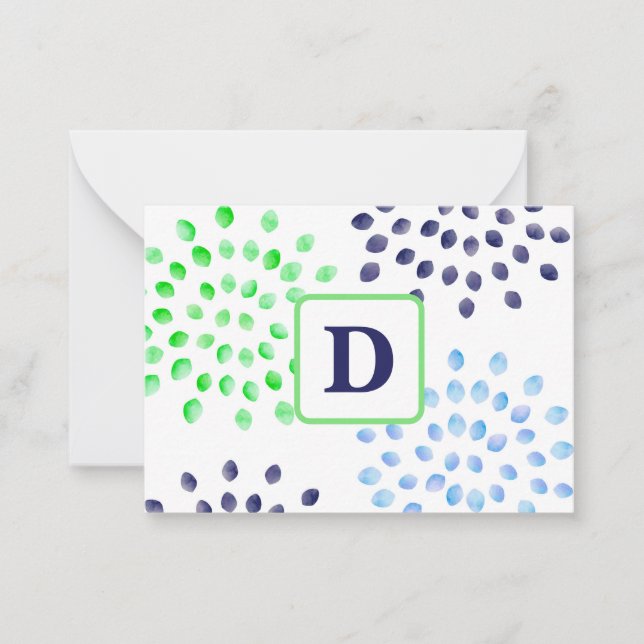 Watercolor Navy Green Blue Mum Flower Monogram Card (Front)