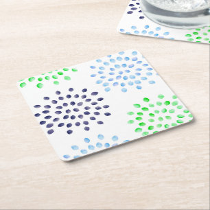 Watercolor Navy Green Light Blue Flower Square Paper Coaster