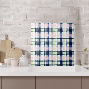 Watercolor Navy Green Pink Preppy Plaid Tile
