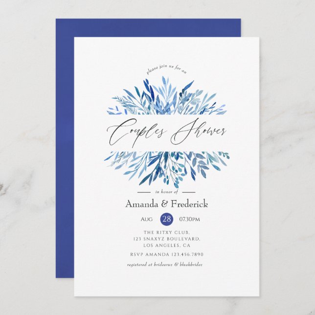 Watercolor Navy Indigo Leaves Couples Shower Invitation (Front/Back)