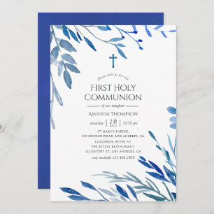 Watercolor Navy Indigo Leaves First Communion Invitation