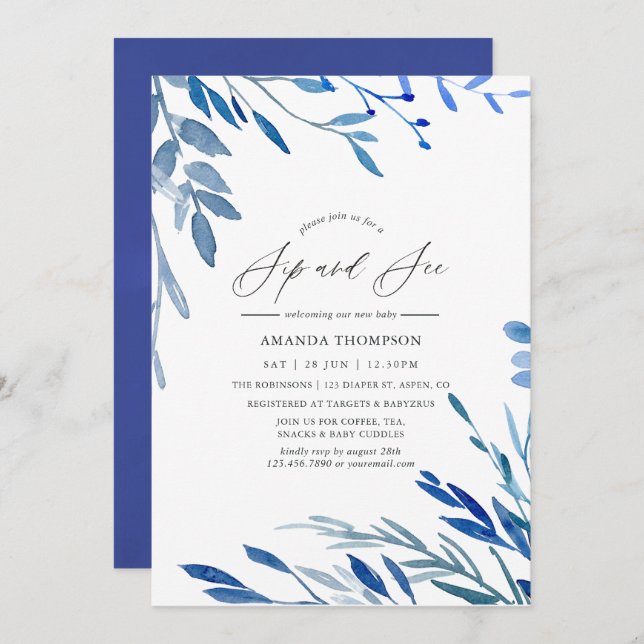 Watercolor Navy Indigo Leaves Sip and See Party Invitation (Front/Back)