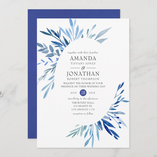 Watercolor Navy Indigo Leaves Wedding Invitation (Front/Back)
