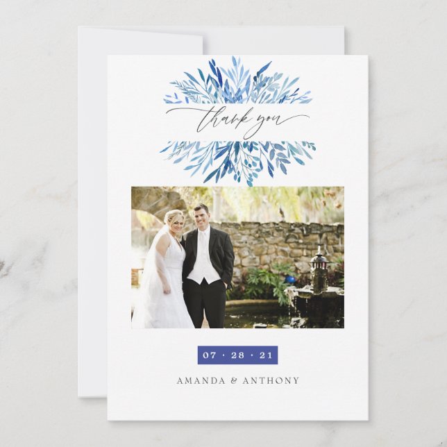 Watercolor Navy Indigo Leaves Wedding Photo Thank You Card (Front)