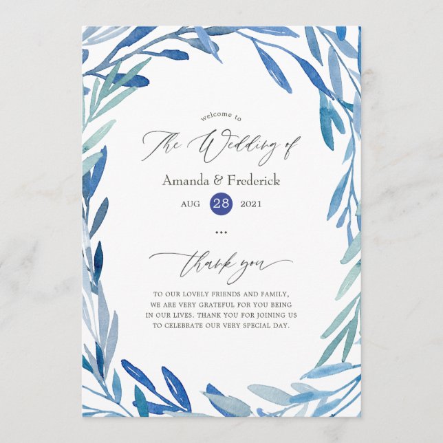 Watercolor Navy Indigo Leaves Wedding Programme (Front)