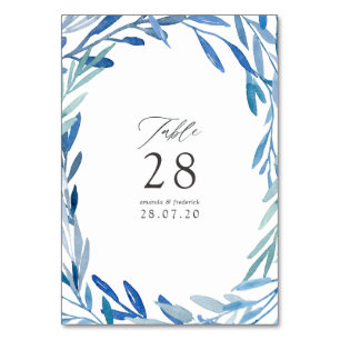 Watercolor Navy Indigo Leaves Wedding Table Number