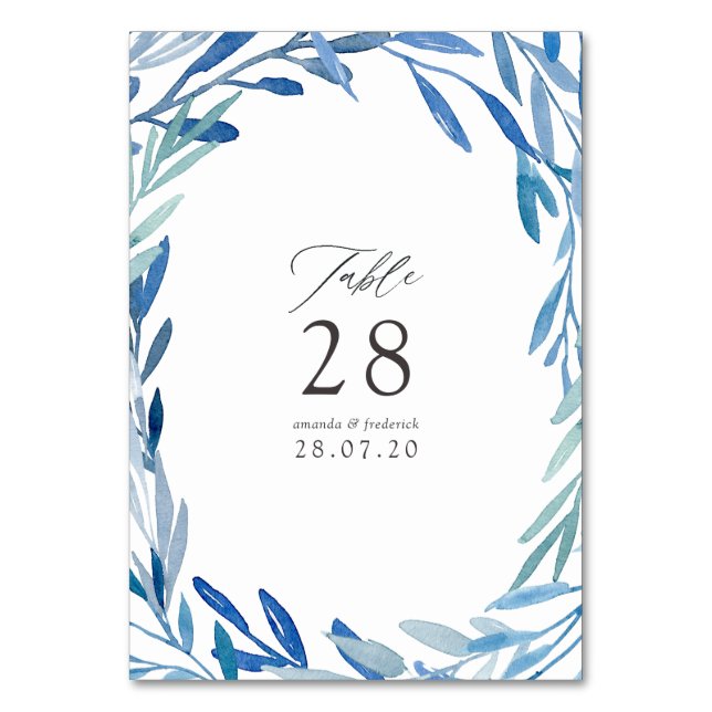 Watercolor Navy Indigo Leaves Wedding Table Number (Front)