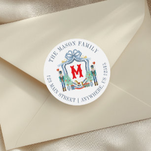 Watercolor Navy Nutcracker Monogram Crest Address Classic Round Sticker