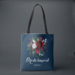 Watercolor navy red bouquet wedding bridesmaid tote bag<br><div class="desc">Rustic elegant winter / Christmas wedding stylish bridesmaid / maid of honour / flower girl tote bag featuring a bunch of red burgundy and white peony flowers with seasonal pine green fir branches, red berries and foliage on dark navy blue background. Personalise it with bridesmaid's name on front and with...</div>