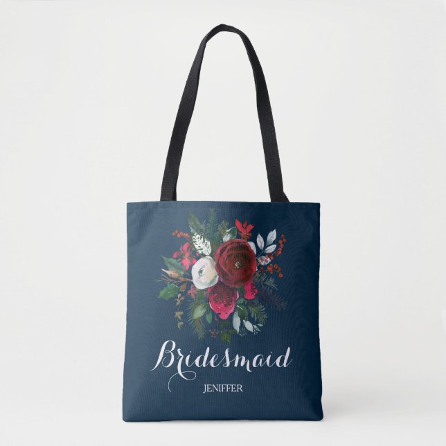 Watercolor navy red bouquet wedding bridesmaid tote bag (Front)