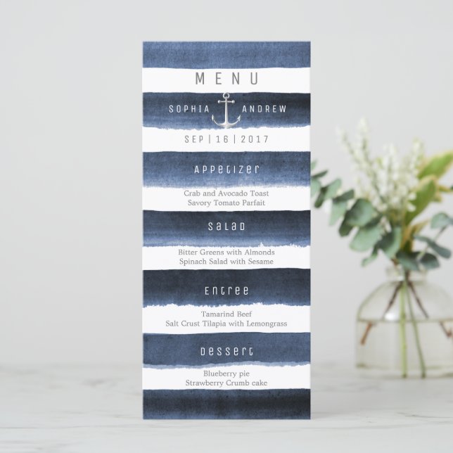 Watercolor navy stripes beach wedding menu (Standing Front)