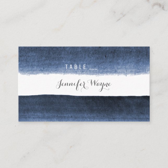 Watercolor navy stripes beach wedding place cards (Front)