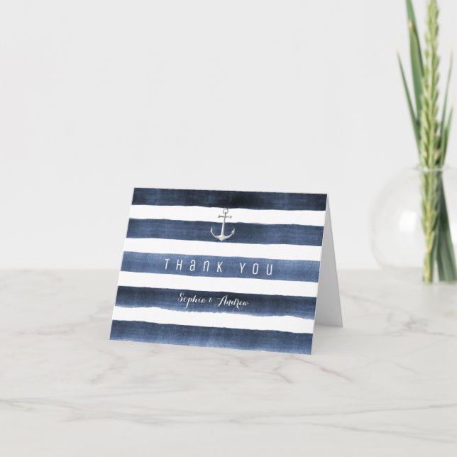 Watercolor navy stripes beach wedding thank you card (Front)