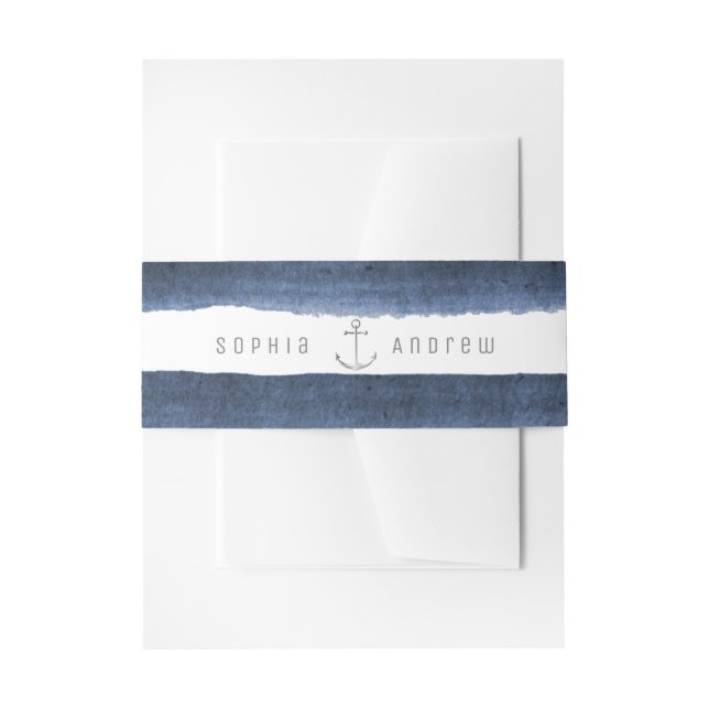 Watercolor navy stripes nautical beach wedding invitation belly band (Front Example)