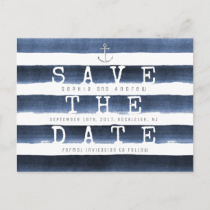Watercolor navy stripes nautical save the date announcement postcard