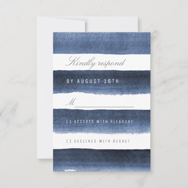 Watercolor navy stripes nautical wedding RSVP (Front)