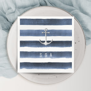 Watercolor navy stripes with anchor beach wedding napkin