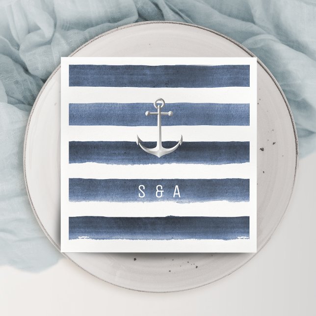 Watercolor navy stripes with anchor beach wedding napkin (Watercolor navy stripes with anchor beach wedding napkins)