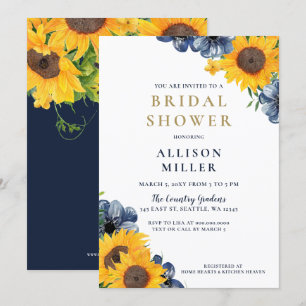 Watercolor Navy Sunflower Rustic Bridal Shower Invitation