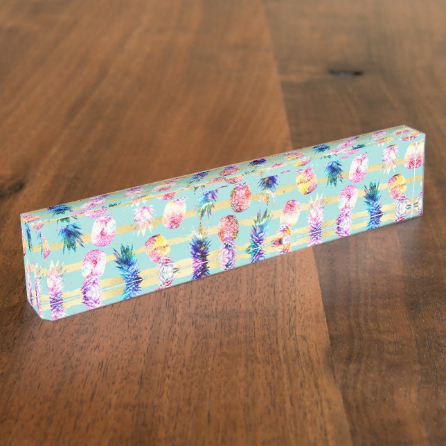 Watercolor Nebula Pineapples Gold Stripes Design Nameplate (Side)