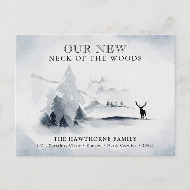 Watercolor 'Neck of the Woods' New Address Announcement Postcard (Front)