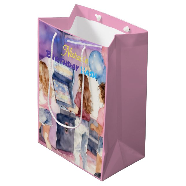 Watercolor Neon Arcade Kids’ Birthday Bash Medium Gift Bag (Front Angled)