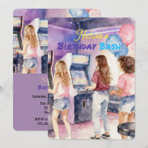 Watercolor Neon Arcade Teen Girl Birthday Bash Invitation