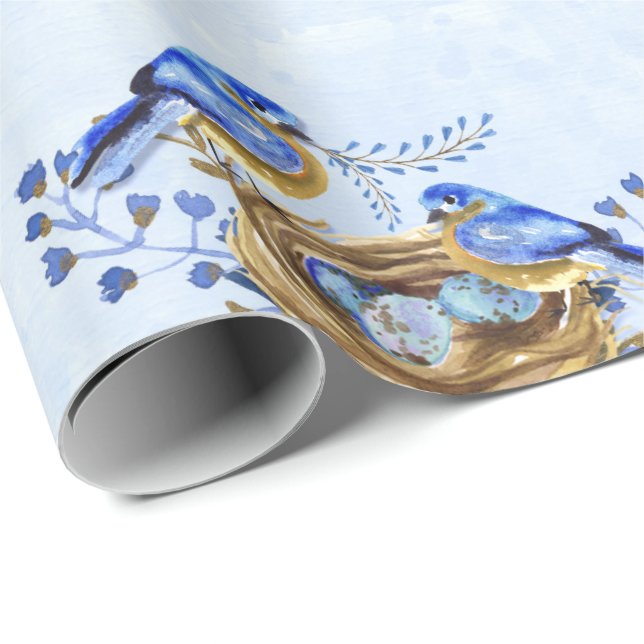 Watercolor Nesting Bluebirds Wrapping Paper (Roll Corner)