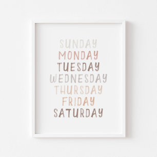 Watercolor neutral days of week educational poster