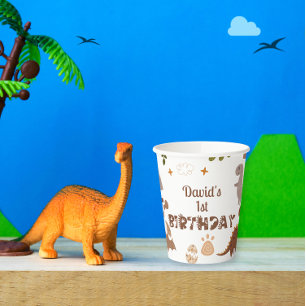 Watercolor Neutral Dino Rex Birthday Paper Cups