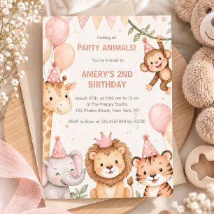 Watercolor Neutral Pink Safari Animals Birthday Invitation