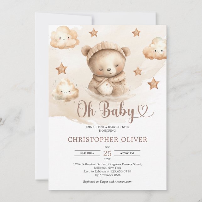 Watercolor neutral sleeping teddy bear  invitation (Front)