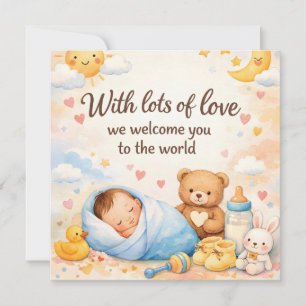 Watercolor New Baby Welcome Greeting with Teddy