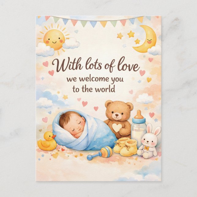 Watercolor New Baby Welcome Greeting with Teddy Postcard (Front)
