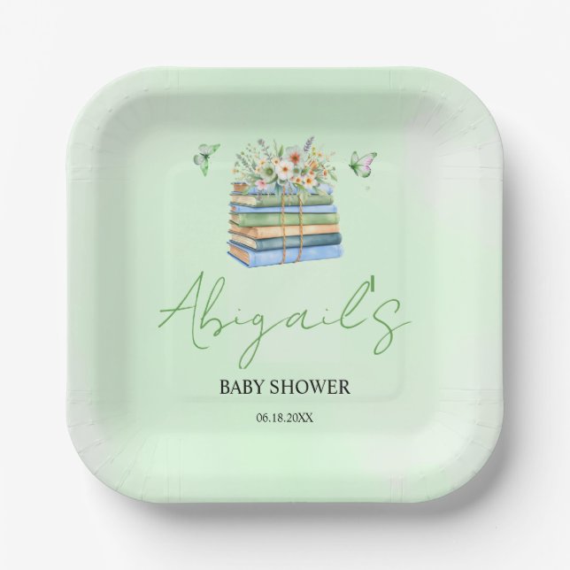 Watercolor New Chapter Begins green baby shower Paper Plate (Front)