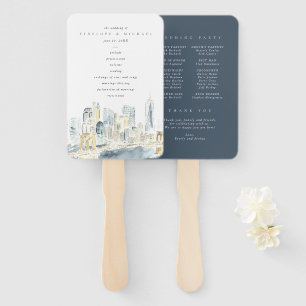 Watercolor New York City Skyline Wedding Program Hand Fan