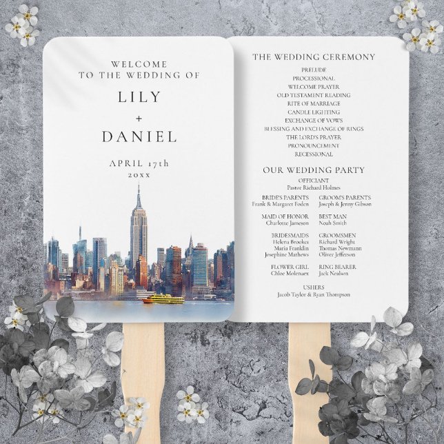 Watercolor New York City Wedding Program Hand Fan (Creator Uploaded)