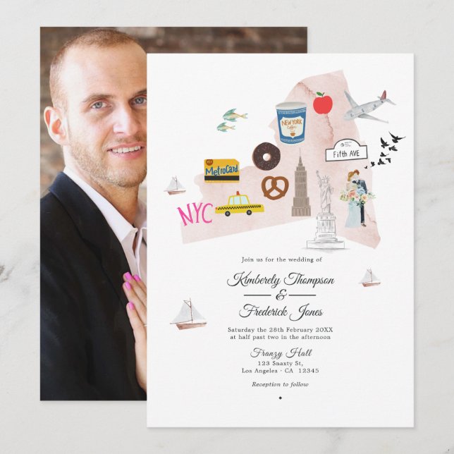 Watercolor New York USA Destination Wedding Photo Invitation (Front/Back)