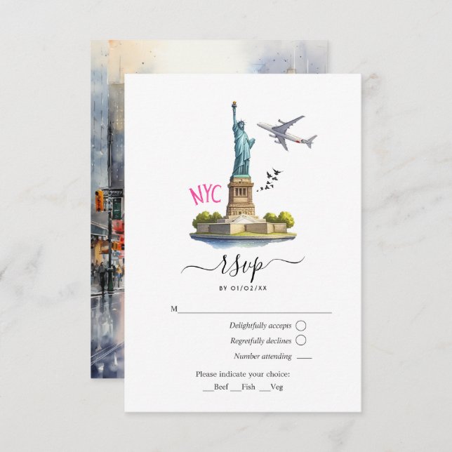 Watercolor New York USA Destination Wedding RSVP Card (Front/Back)