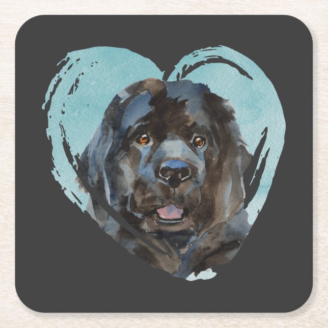 Watercolor Newfoundland Portrait Square Paper Coaster (Front)