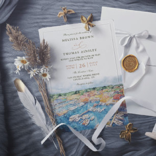 Watercolor Newport Harbor Coastal QR Code Wedding Invitation