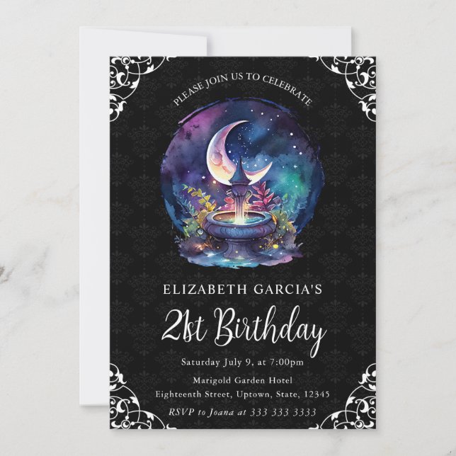 Watercolor Night Fantasy Fountain 21st Birthday Invitation (Front)