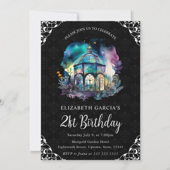 Watercolor Night Fantasy Pavilion 21st Birthday Invitation (Front)